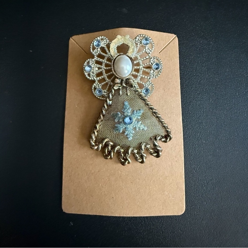 Vintage Silver-Tone Angel Brooch with Mesh & Blue Rhinestones
